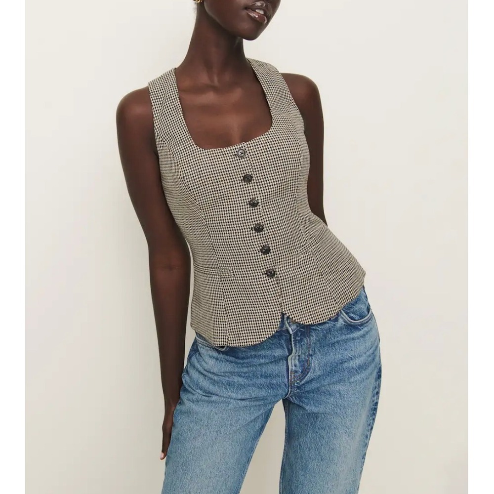 Reformation Black and White Houndstooth Button Front Tank Top